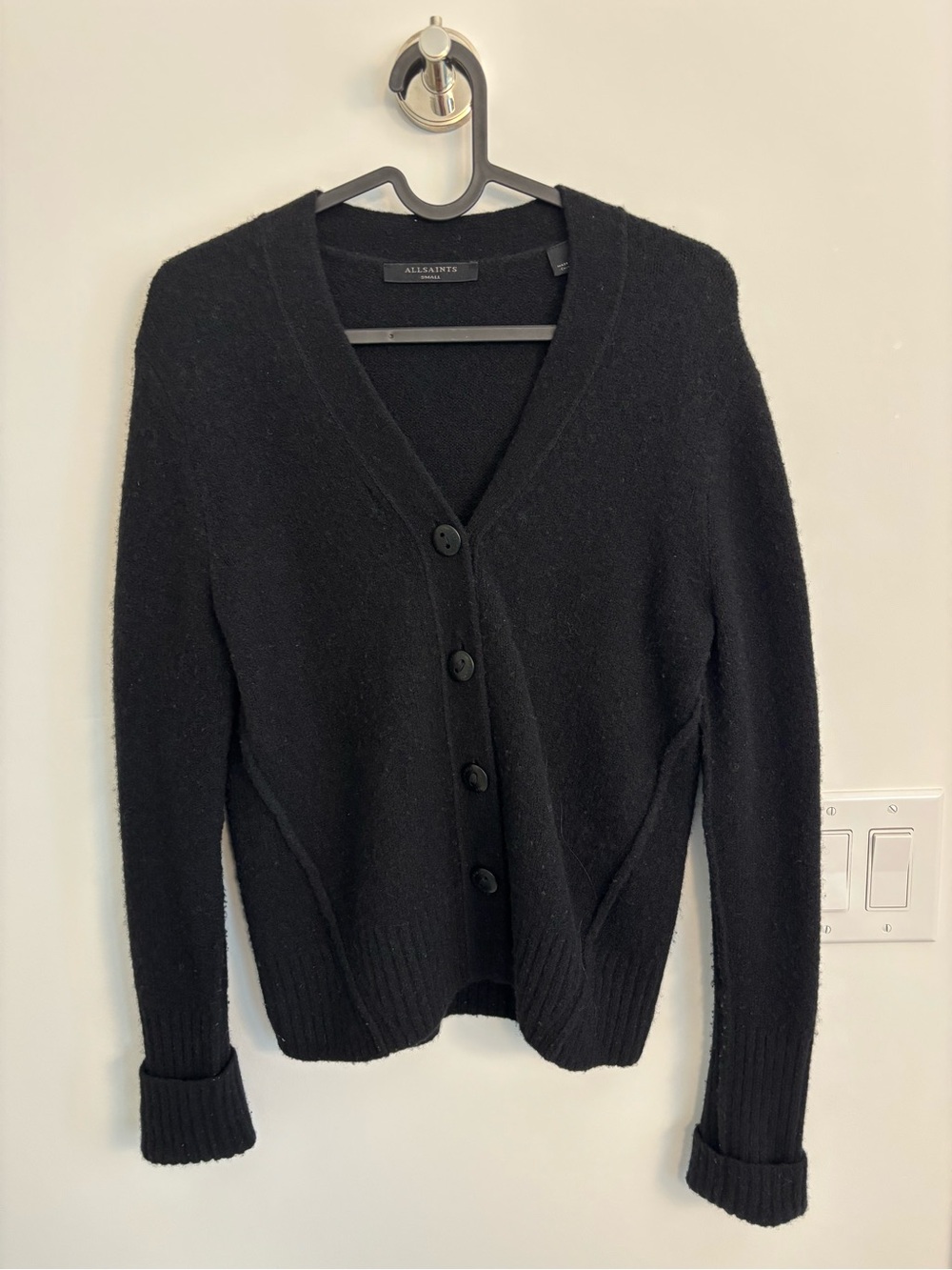 AllSaints Black Button Front V-Neck Cardigan